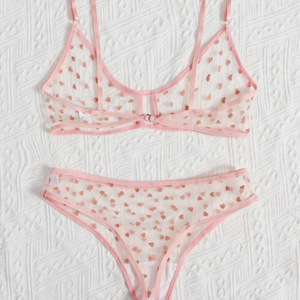 Bras Sets Womens Underwear Set Love Printing Sexy Lingerie Mesh Bra Bref Girls Pink Transparent intime 2 PCS Érotique