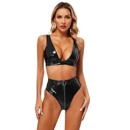 Soutien-gorge Ensembles Femmes Wet Look Cuir Verni Lingerie Ensemble Large Bandoulière Soutien-Gorge Top Coupe Basse Débardeur Gilet Avec Taille Haute Slip À Glissière