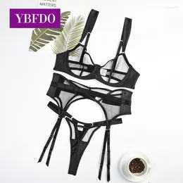 Bh Sets YBFDO Sexy Lingerie vrouwen Ondergoed Transparant Kanten Beha Kit Push Up Set Vrouw 3 Stuks Jarretels Exotische