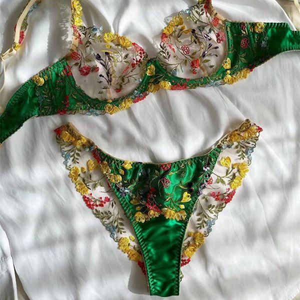 Conjuntos de sujetadores Yimunancy Conjunto de sujetador de encaje de 2 piezas Bordado de mujer Bragas florales verdes Ropa interior Conjunto de lencería sexy