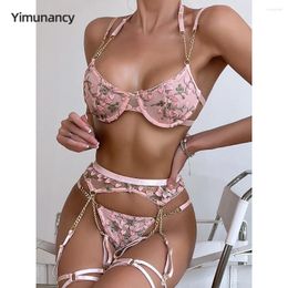 Beha's stelt yimunantie bloemen halter ketting lingerie set vrouwen sexy beha panty ondergoed erotische sensuele kousenbandkit