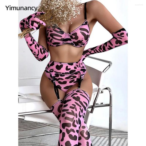 Conjuntos de sujetadores Yimunancy Leopard Print Conjunto de lencería Mujeres 5 piezas Sensual Bra Panty Ropa interior Medias Guantes Sexy Erótico