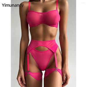 Soutien-gorge Ensembles Yimunancy Mesh Lingerie Set Femmes Sangle Amovible Solide Soutien-Gorge Érotique Panty Sous-Vêtements Quotidiens