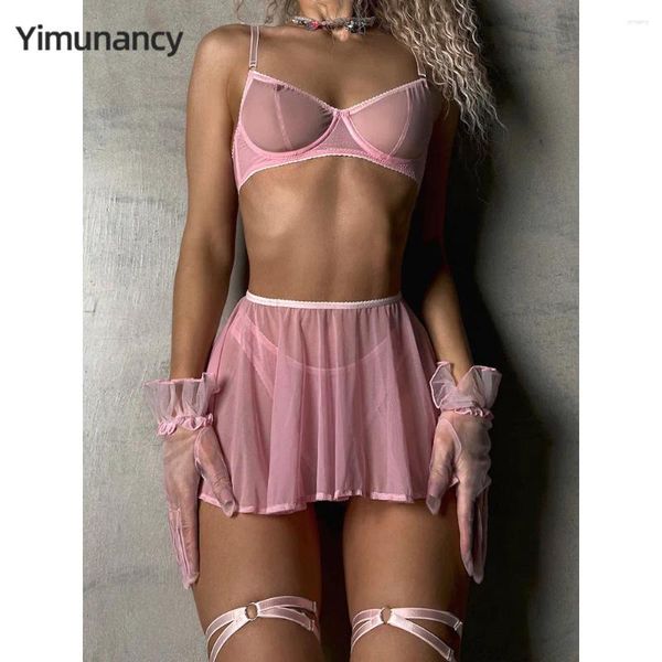 Soutien-gorge Ensembles Yimunancy Mesh Lingerie Transparente Femmes 4 Pièces Solide Rose Doux Sous-Vêtements Exotiques Ensemble Jarretière Kit