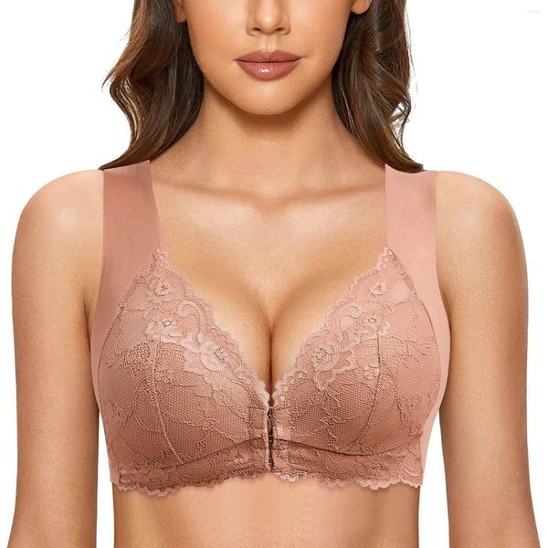 Bras Sexy Front Close Bra para mujer Sin anillo de acero Francés Tallas grandes Sin costura T Back Sin forro para mujer de busto grande 36 C