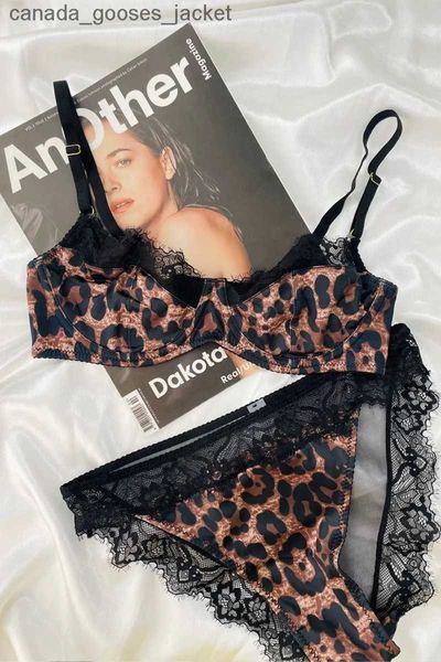 Soutiens-gorge Sexy sous-vêtements léopard fe dentelle noire lingerie fine avec anneau en acier gros seins montrer petit soutien-gorge slips setC24318