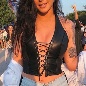 Soutien-gorge Sexy Lingerie Punk Y2K Cuir Noir Crop Top Femmes Creux Dos Nu Camisole Gilet D'été Mode Club Party Wear Débardeurs