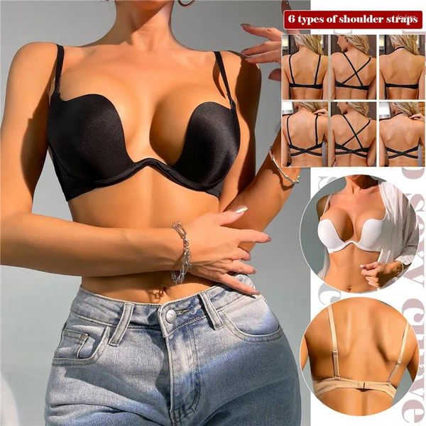 Bras Sexy Push Up Bra para mujeres sin espalda Corte bajo Plunge Brassiere Open Back Ropa interior de boda Invisible Seamless Deep U Lencería