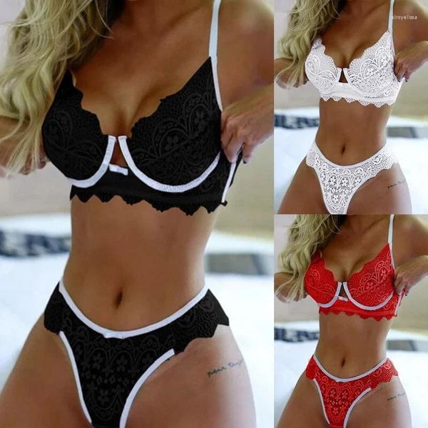 Soutiens-gorge Sexy femmes dentelle soutien-gorge culotte ensemble maille intimes Lingerie 2 pièces costume ensembles grande taille sous-vêtements transparents