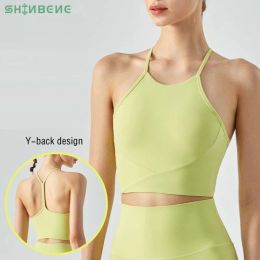 SHINBENE Hoge hals Y-rug Naakt gevoel Yoga hardloopbeha Dames Backless Schokbestendig Sling Vest Workout Fitness Sport Gewatteerde crop top