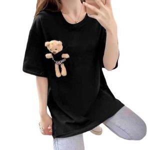 Bras Summer Women Harajuku Cute Real Toy Bear in Pocket T-Shirt Street Oversized Loose Short Sleeve TEE TOP TOPS 2XL P230512