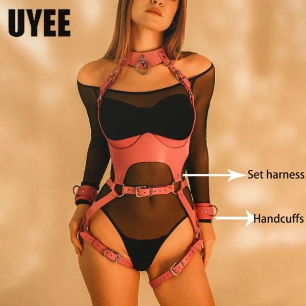 Bras Uyee Sexy Full Full Pu Le cuir harnais de stockage Gartières Boutettes Lingerie Femmes sous-vêtements Pink Red ShetSenders Gothic Body Bondage