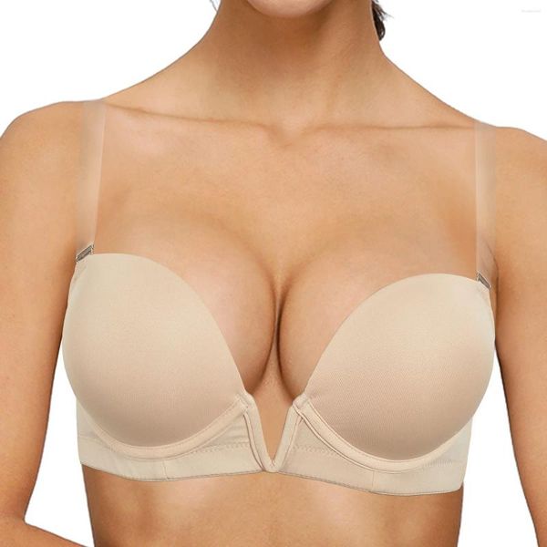 Bras Vgplay Deep Plunge Mujeres Sujetador Grueso Acolchado Bajo Corte para Push Up Ropa interior Correas claras Vestido de novia V Forma