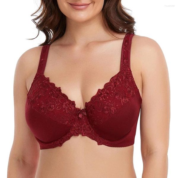 Bras Wine Red Lace Bordado Tallas grandes para mujeres Sexy Underwired Thin Bra Big Cup Full C D E F G H I J