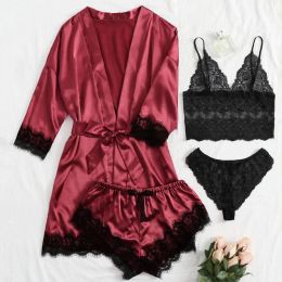 Bras Woman Sleepwear 4pcs Floral Lace Trim Satin Pajamas Ensemble avec robe Sexy Faux Silk Pijamas Robe Robe Casual Home Clothes Nightwear