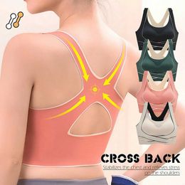 Bras Women Comfy Corset Bra Sport Front Cross Naadloze gladde voering zijde Bem Bra Push Up Shockproof Sports Support Fitness Vest Y240426