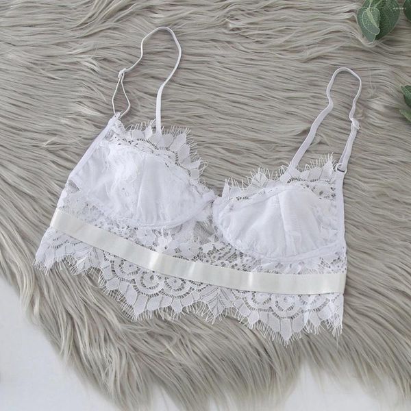 Sujetadores para mujer, Bralette de encaje con pestañas, corpiño con tirantes calados, Top con cuello en V, lencería pequeña Sexy sin anillo de acero, traje porno exótico