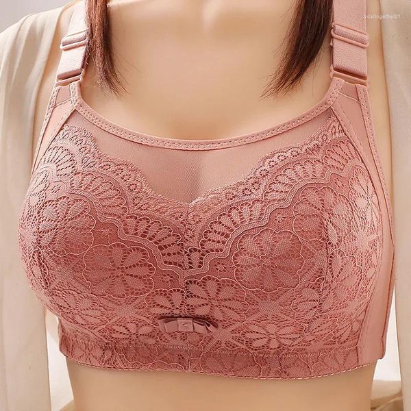 Bras para mujeres Big Big Size Sexy Lace Smocking Lingerie sin anillo de acero Cierre lateral de cierre Mom Brasines Mujer 2024