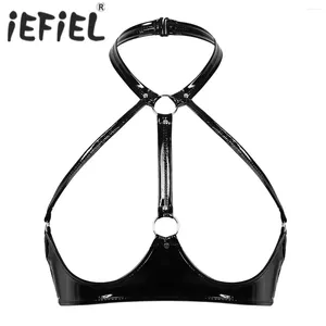 Bras Mujeres Wet Look Halter Cuello Copas abiertas Sujetador Sin respaldo Pechos expuestos Pezones Top Bustier Bralette sin alambre Bikini