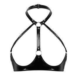 Soutien-gorge Femmes Sexy Érotique Coupe Ouverte Soutien-Gorge Top Look Humide En Cuir Verni Halter Cou Creux Poitrine Femelle Gothique Harnais Bondage Linger191U