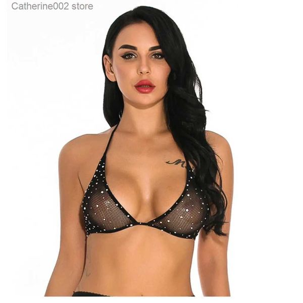 Sujetadores Mujeres Brillante Rhinestone Sujetador Halter Fishnet Triángulo Bikini Tops Hot Sexy Lencería Transparente Sheer Mesh Bralette Erótico Crop Top T231026