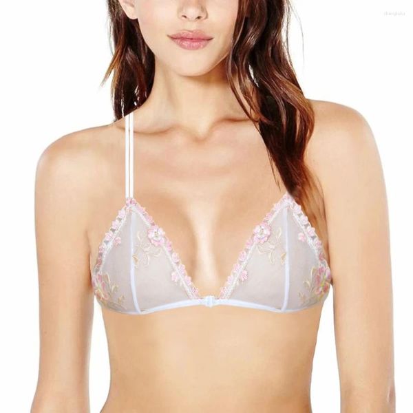 Soutiens-gorge femmes maille fine Sexy Lingeire dentelle Bralette Triangle tasse fermeture avant florale sans ligne broderie livraison directe