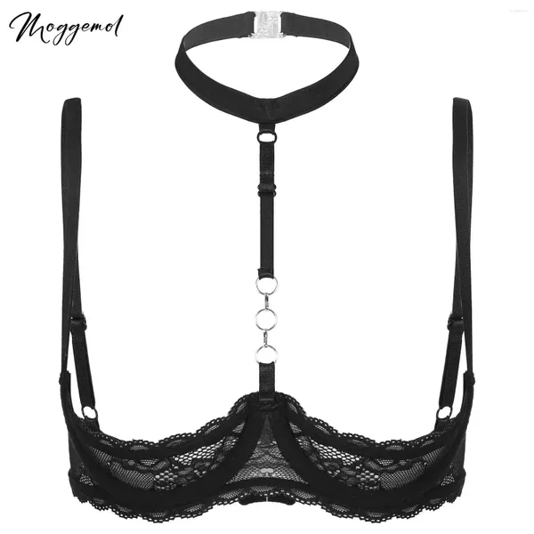 Sujetadores para mujer Halter Cuello O Anillo 1/4 Tazas Sujetador con aros Sheer Lace Push Up Brassiere Ropa interior de pecho Correas de espagueti ajustables Tops