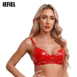 Soutien-gorge Push Up pour femmes, haut en cuir verni, aspect mouillé, rivets toriques en métal, boucle sans fil, Punk gothique, Bralette, Lingerie Clubwear