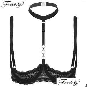 BRAS Y Brassiere Lingerie Femmes Halter Cou O Ring Sheer Dentelle Push Up Soutien-Gorge Femelle 1/4 Tasses À Armatures Bralette Sous-Vêtements Plus Taille Drop Dhkgs