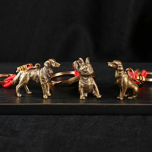 Brass Animal Dog Puppy Bulldog Keyring Lonyard Pendant corde faite à la main chinois cinq pièces empereurs Feng Shui Car Cleaning Chaining