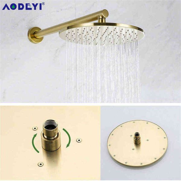 Cabezal de ducha de lluvia de alta presión para baño de latón negro, techo de pared, baño redondo, cabezal de ducha superior, accesorios, oro cepillado H1209