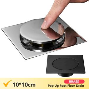 Messing Chroom Pop Up Voet Afvoerputje 10*10 cm Anti-geur Badafvoeren Push Down Ontgeuringseffect Vierkante Matte Douche Plug Cover 240311