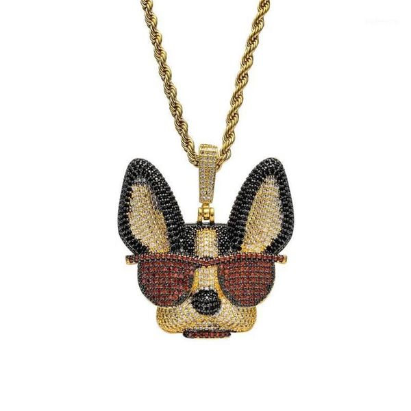 Grand chien spirituel en laiton CZ avec pendentifs de lunettes, collier Hip Hop glacé pour hommes et femmes, bijoux de fête, cadeau CN1371280I