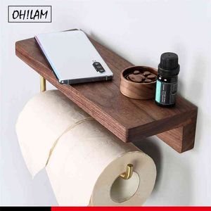 Porte-rouleau de papier toilette en bois double en laiton Support de papier mural avec étagère en bois Boîte à mouchoirs Accessoires de salle de bain 210720