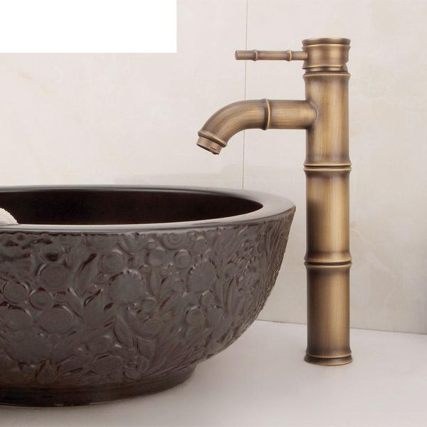 Robinet mitigeur d'eau froide et chaude, en laiton européen Antique, tout en cuivre et en bambou, robinet de lavabo, broche en bambou, robinets mélangeurs d'eau froide et chaude