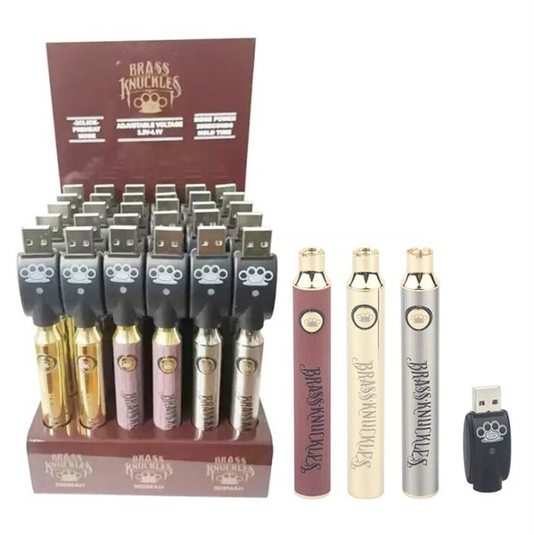 Brass Knuckles 900mAh Vape Pen Batterie VV Tension réglable avec chargeurs Préchauffer les batteries réglables pour 510 fil Vape Pen Cartouche Vaporisateur