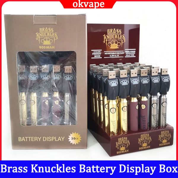 Brass Knuckles BK Batterie 30PC Boîte d'affichage Préchauffer 900mAh Batteries de vape à tension réglable avec chargeurs USB pour stylo à cartouches à fil 510