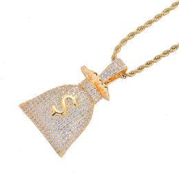 Messing Setting CZ Hip Hop US Dollar $ Mondy Bag Hanger Koper Micro Pave CZ Stones Ketting Sieraden