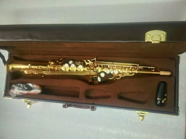 Saxofón Soprano recto de latón, modelo plano BB, instrumento de viento de madera, boquilla con patrón tallado de llave de concha Natural con estuche rígido