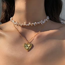 Latón con collar de corazón de perla natural retro de 18 k Joyería de mujer Vestido de fiesta de pasarela Japón Coreano Q0531