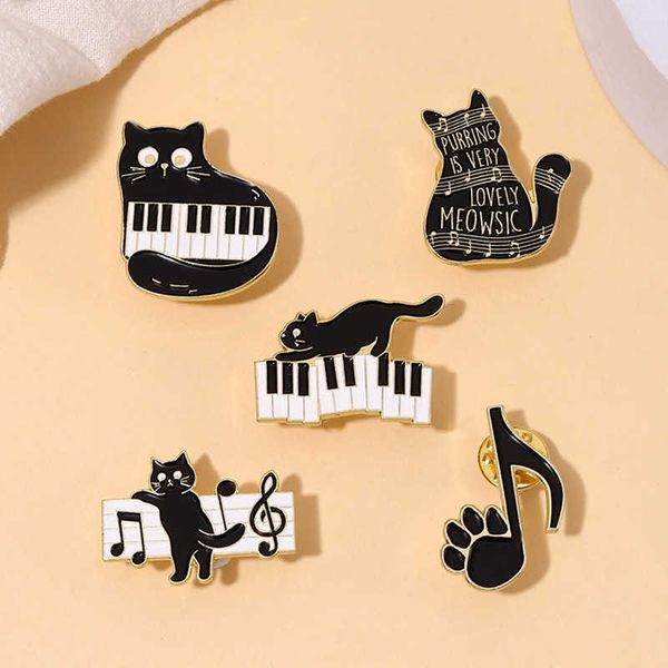 Brassica música dibujos animados encantador gato negro piano nota aleación broche ropa bolsa abrigo decoración pin insignia