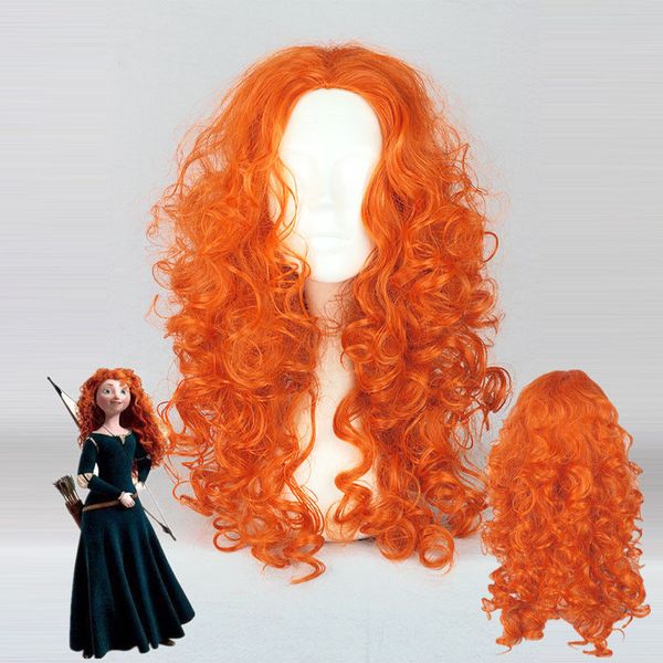 Brave Merida naranja largo rizado ondulado pelucas de Cosplay mujeres pelo de fiesta resistente al calor