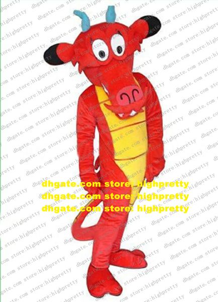 Costume de mascotte Dragon Loong, courageux rouge Mushu, robe fantaisie avec longue queue rouge, grands yeux blancs brillants, grand visage Long, No.4322