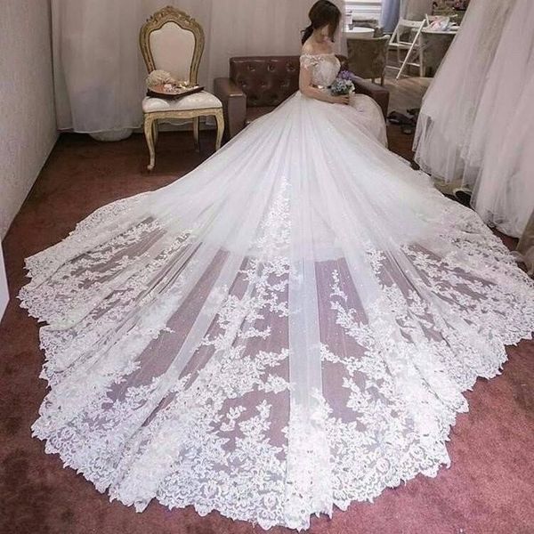 Vestidos De Novia De encaje De lujo Vintage De Brasil, apliques con hombros descubiertos, tren De catedral, vestidos De Novia De talla grande, Vestido De Novia