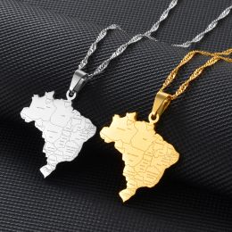 Carte du Brésil avec nom de ville, colliers avec pendentif en or jaune 14 carats, bijoux cartes du Brésil