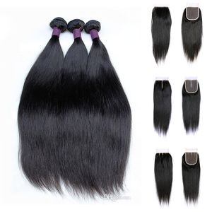 Brazilain Virgin Hair Straight 3 Bundels met 4x4 Sluiting Menselijk Haar Weeft Drie soorten Sluiting Natuurlijke kleur met 26 28 30 lange inch