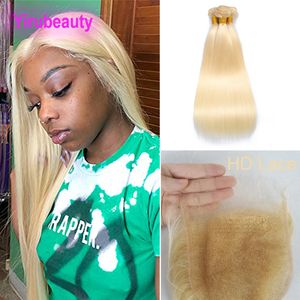 Brésilien 100% Human Hair Double Tofts avec 4x4 HD Lace Fermeure 613 # Couleur blonde droite 3 paquets avec fermeture HD 4 PC / Lot