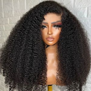 Braziliaanse 13x4 Afro Krullend Kant Voorpruik Diep Kinky Krullend Menselijk haar Pruiken HD Transparant Kant Frontale Synthetische Sluiting Pruik voor Vrouwen