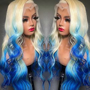 Brésilien 13x4 Blonde Ombre Bleu Lace Front Perruques Pour Les Femmes Vague De Corps Court Simulation Perruque De Cheveux Humains HD Dentelle Frontale Perruque