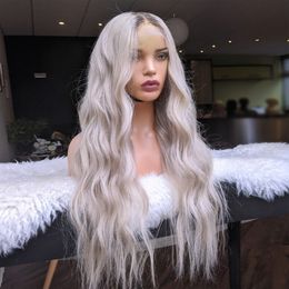 Perruque Lace Front Wig synthétique Body Wave brésilienne grise ombrée 13x4, perruque Lace Front Wig transparente transparente pour femmes